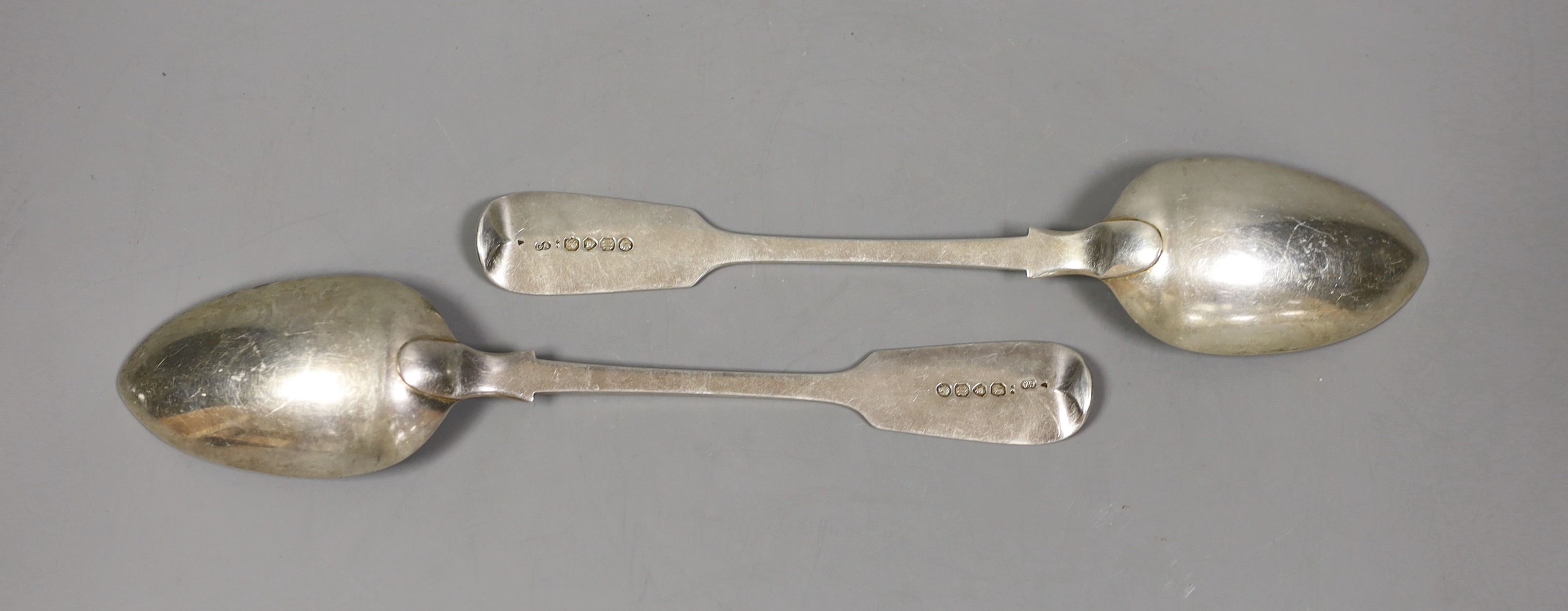 A pair of Victorian silver fiddle pattern table spoons, George Adams, London, 1867, 22.3cm, 154 grams.
